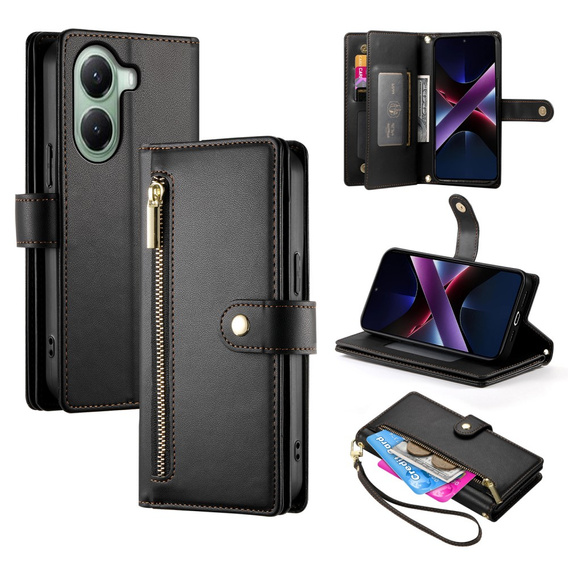 Cu clapetă pentru Xiaomi Poco X7 Pro 5G, Wallet Zipper Pocket, negru