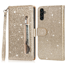 Cu clapetă pentru Samsung Galaxy A36 5G, Wallet Zipper Pocket Glittery, de aur