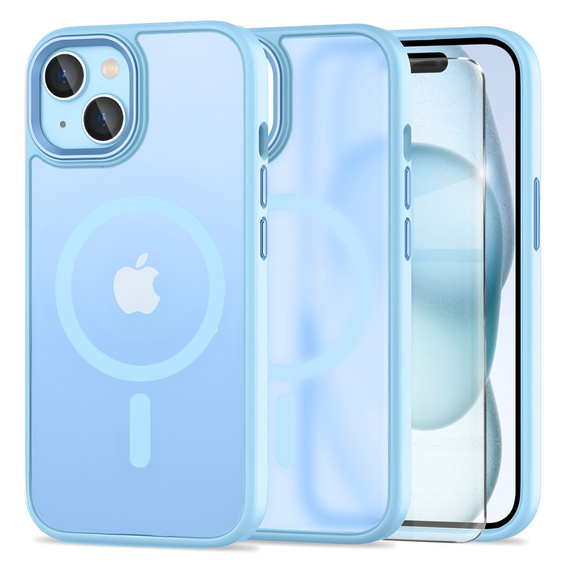 Husă pentru iPhone 15, pentru MagSafe, ERBORD Matt Case, albastru + sticlă pentru ecran