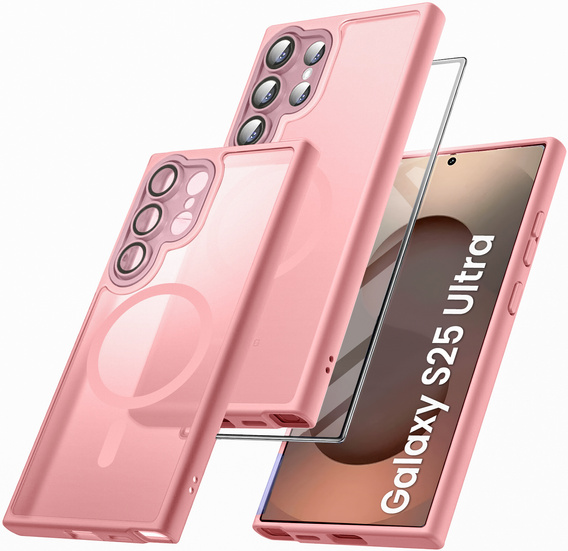 Husă pentru Samsung Galaxy S25 Ultra, pentru MagSafe, ERBORD Matt Case, roz + sticlă pentru ecran