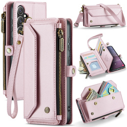Husă CASEME pentru Samsung Galaxy S25 FE, RFID Leather Wallet, cu curea de umăr, roz
