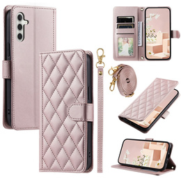 Husă cu clapetă pentru Samsung Galaxy S25 FE, Rhombus Crossbody Leather, roz rose gold
