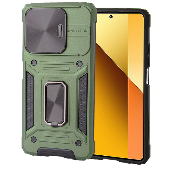 Husă blindată pentru Xiaomi Redmi Note 13 5G, CamShield Slide, verde + sticlă călită 9H