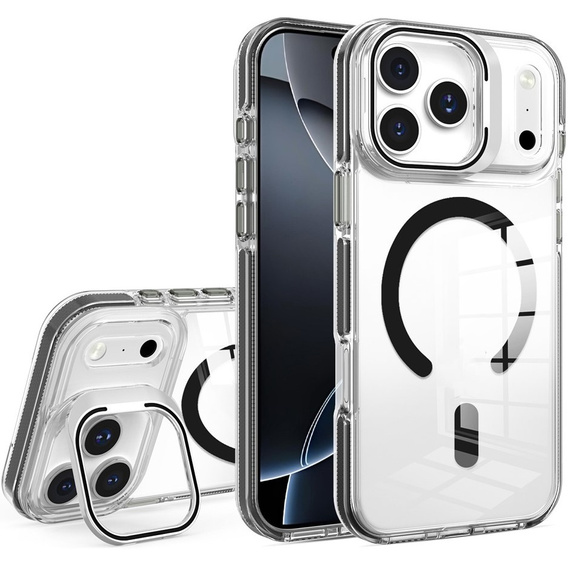 Husă pentru iPhone 17 Pro, pentru MagSafe, cu suport, transparentă cu inserții negre