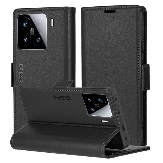 Husă pentru Xiaomi 15, ERBORD Glossy Litchi, portofel cu clapetă, negru