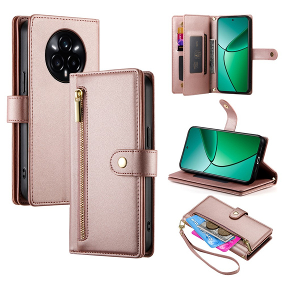 Cu clapetă pentru Realme 14 Pro 5G, Wallet Zipper Pocket, roz