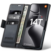 Husă pentru Xiaomi 14T Pro, ERBORD Glossy Litchi, portofel cu clapetă, negru