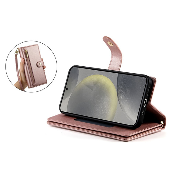 Cu clapetă pentru Samsung Galaxy S25+ Plus, Wallet Zipper Pocket, roz