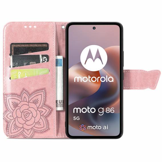 Cu clapetă pentru Motorola Moto G86 5G, Butterfly, roz rose gold