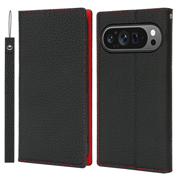 Husă cu clapetă pentru Google Pixel 10 / 10 Pro, piele Litchi Grain, negru