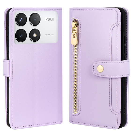 Cu clapetă pentru Xiaomi Poco F6 Pro, Wallet Zipper Pocket, violet
