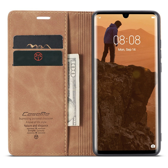 Husa CASEME pentru Huawei P30 Pro, Leather Wallet Case, maro