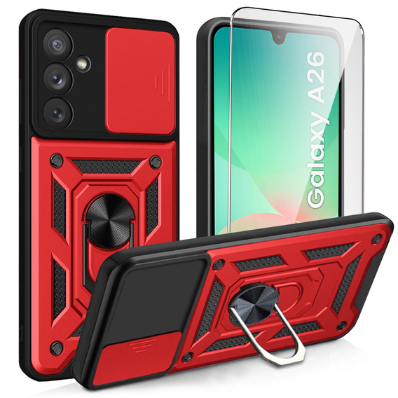 Carcasă blindată pentru Samsung Galaxy A26, CamShield Slide, roșu + sticlă călită 9H