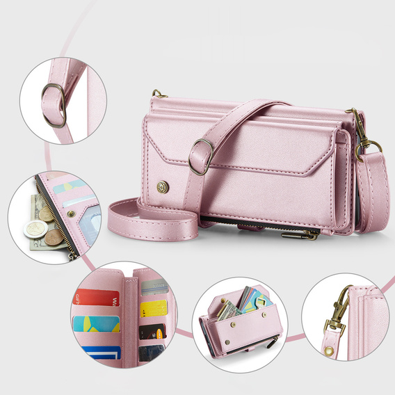 Husă CASEME pentru Samsung Galaxy S25 FE, RFID Leather Wallet, cu curea de umăr, roz