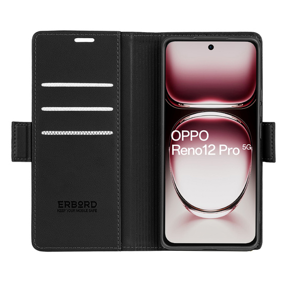 Husă pentru Oppo Reno 12 Pro, ERBORD Glossy Litchi, portofel cu clapetă, negru