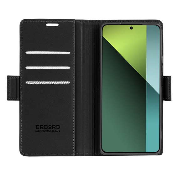 Husă pentru Xiaomi Redmi Note 13 Pro 5G, ERBORD Glossy Litchi, portofel cu clapetă, negru