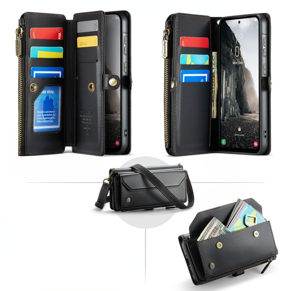 Husă CASEME pentru Samsung Galaxy A56 5G, RFID Leather Wallet, cu curea de umăr, negru