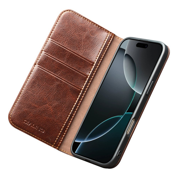 QIALINO Carcasă cu flip din piele de vacă originală pentru iPhone 17 Pro Max, maro