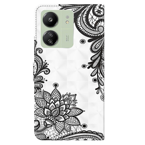 Cu clapetă pentru Xiaomi Redmi 13C / Poco C65, Wallet, Lace Flower alb