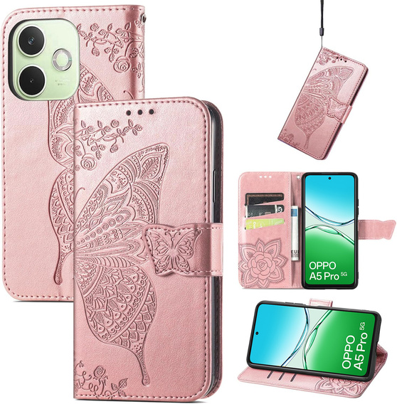 Cu clapetă pentru Oppo A5 Pro 5G, Butterfly, roz rose gold