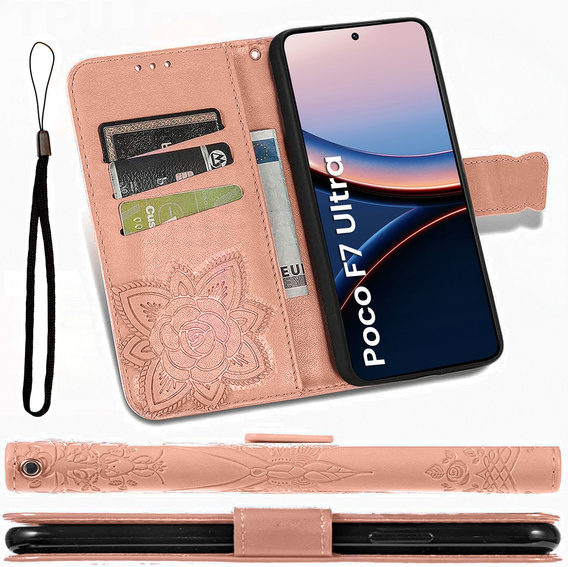 Cu clapetă pentru Xiaomi Poco F7 Ultra, Butterfly, roz rose gold
