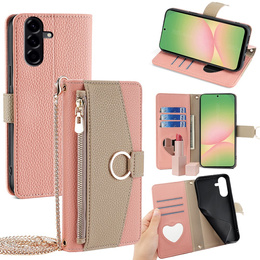 Carcasă flip pentru Samsung Galaxy A56 5G, Wallet Zipper Pocket, cu oglindă, roz