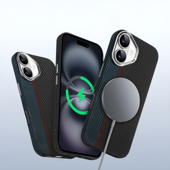 Carcasa pentru iPhone 16, Carbon Fiber MagSafe, negru / albastru