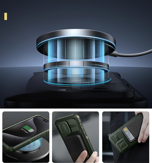Husă blindată pentru iPhone 15 Pro Max, Dexnor CamProtect MagSafe, verde (Două rame)