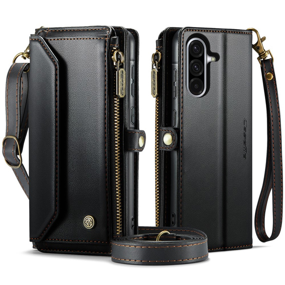 Husă CASEME pentru Samsung Galaxy A56 5G, RFID Leather Wallet, cu curea de umăr, negru