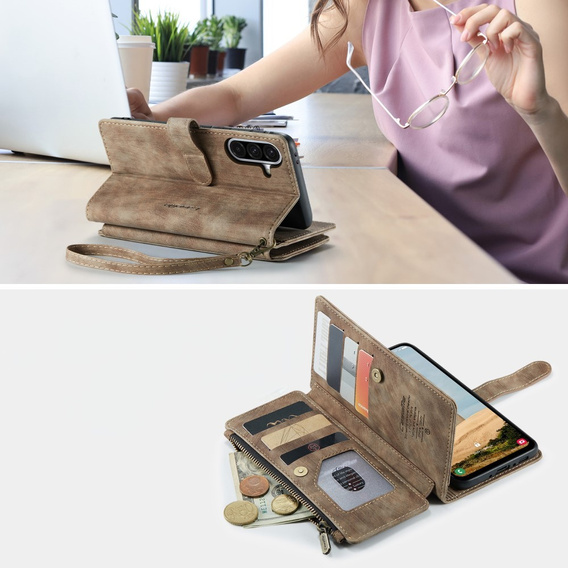 Husa CASEME pentru Samsung Galaxy A56 5G, Leather Wallet Cash and Card Slots, cu curea, maro