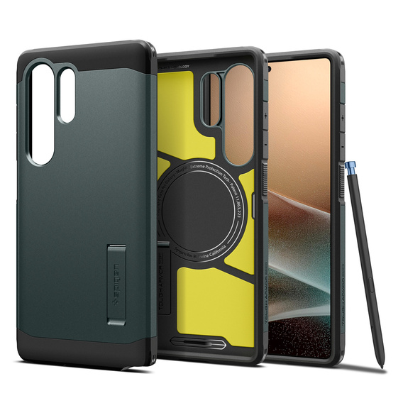 Carcasa Spigen pentru Samsung Galaxy S25 Ultra, Tough Armor Mag MagSafe, verde + 9H Tempered Glass