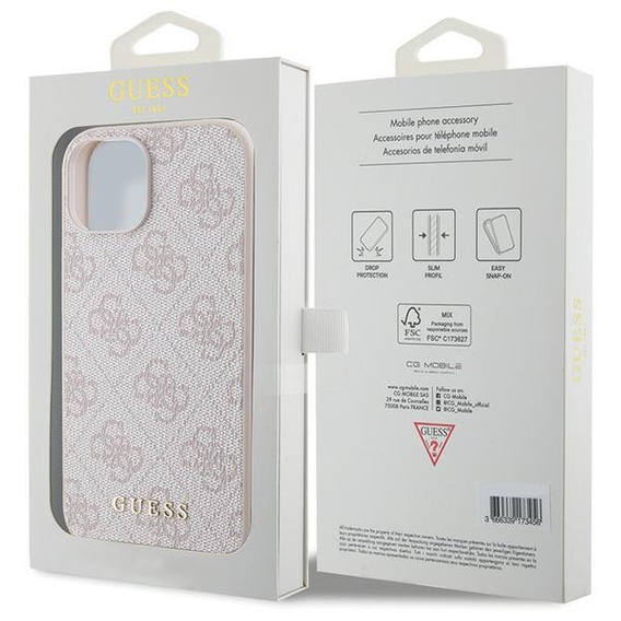 GUESS Huse pentru iPhone 15, 4G Metal Gold Logo, roz