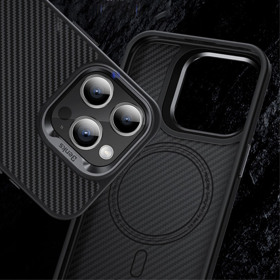 Carcasa BENKS Kevlar pentru iPhone 15 Pro Max, pentru MagSafe, Carbon Fiber, negru