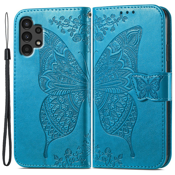 Cu clapetă pentru Samsung Galaxy A13 4G, Butterfly, albastru