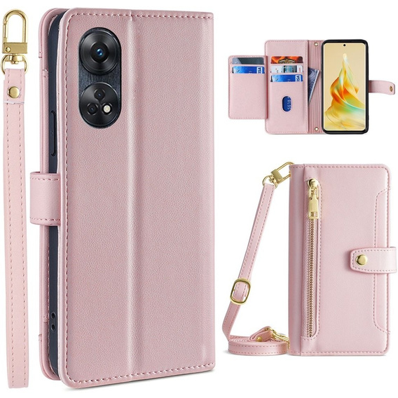 Cu clapetă pentru Oppo Reno8 T 4G, Wallet Zipper Pocket, roz