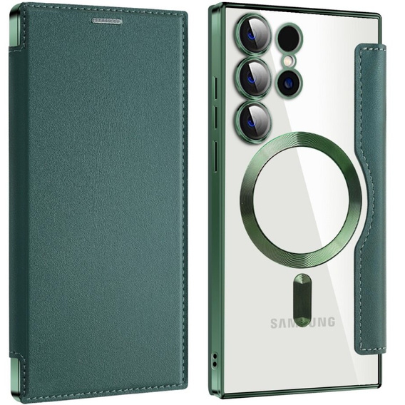 Cu clapetă pentru Samsung Galaxy S24 Ultra, RFID Wallet MagSafe CamShield, verde