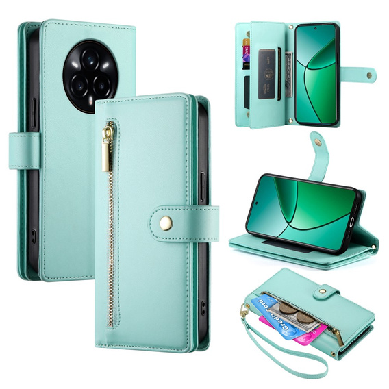 Cu clapetă pentru Realme 14 Pro 5G, Wallet Zipper Pocket, de mentă