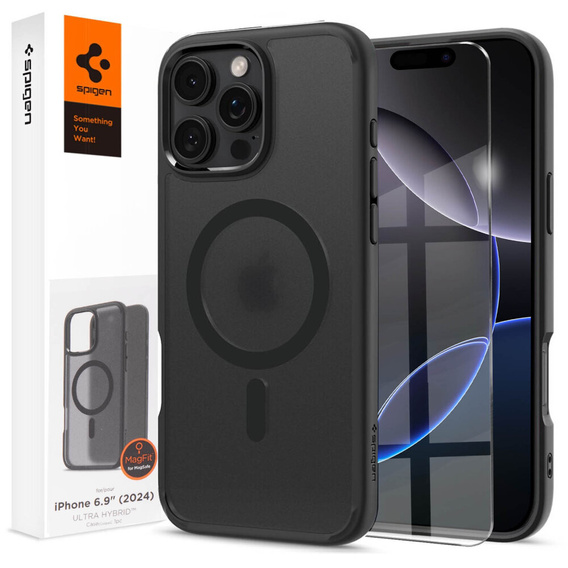 Carcasă MagSafe Spigen pentru iPhone 16 Pro Max, Ultra Hybrid, transparent / negru + 9H Tempered Glass