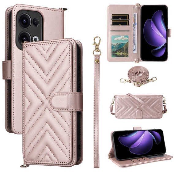 Carcasă cu clapetă pentru Oppo Reno 13 5G, Crossbody Leather Wallet, roz