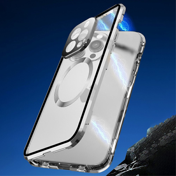 Carcasa Magnetic Dual Glass MagSafe pentru iPhone 15 Pro Max, de argint