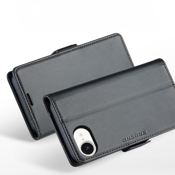 Husă pentru Iphone 16E, ERBORD Glossy Litchi, portofel cu clapetă, negru