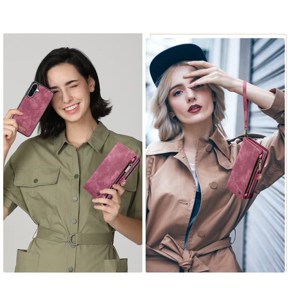 Husă CASEME pentru Samsung Galaxy A56 5G, Retro Leather Wallet, cu curea de umăr, roșu