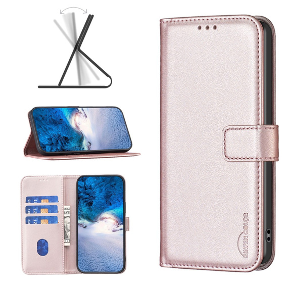 Cu clapetă pentru Samsung Galaxy S23 FE, BINFEN Wallet, roz rose gold + sticlă 9H