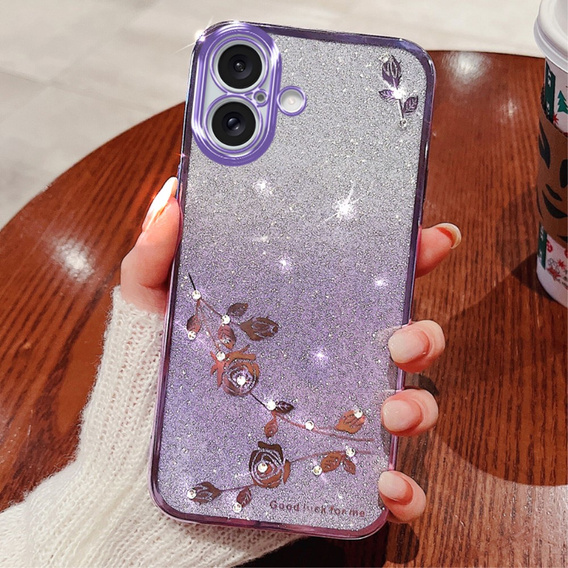 Husă pentru iPhone 16, Glitter Flower, violet