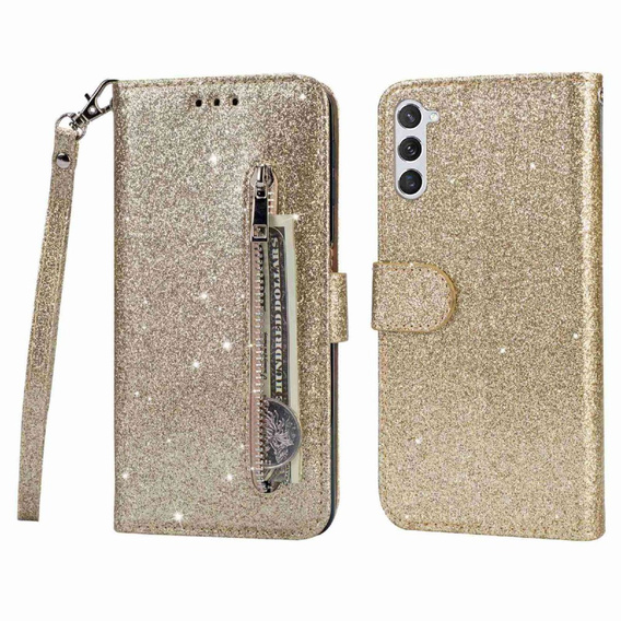 Cu clapetă pentru Samsung Galaxy S24, Wallet Zipper Pocket Glittery, de aur