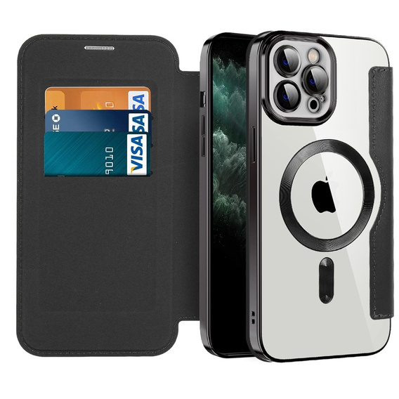Cu clapetă pentru iPhone 11 Pro Max, RFID Wallet MagSafe CamShield, negru