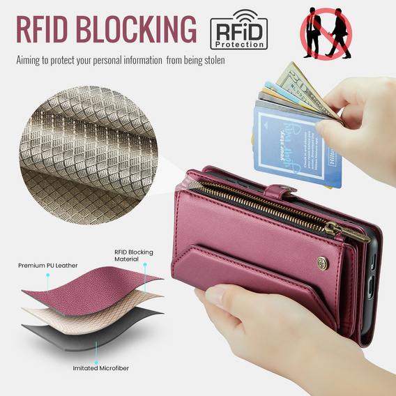 Husă CASEME pentru Samsung Galaxy S25 FE, RFID Leather Wallet, cu curea de umăr, roșu