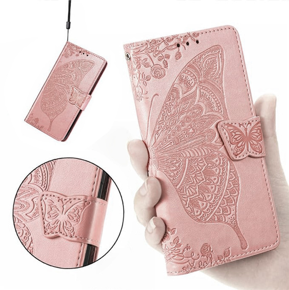 Cu clapetă pentru Realme 14X / Realme C75, Butterfly, roz rose gold