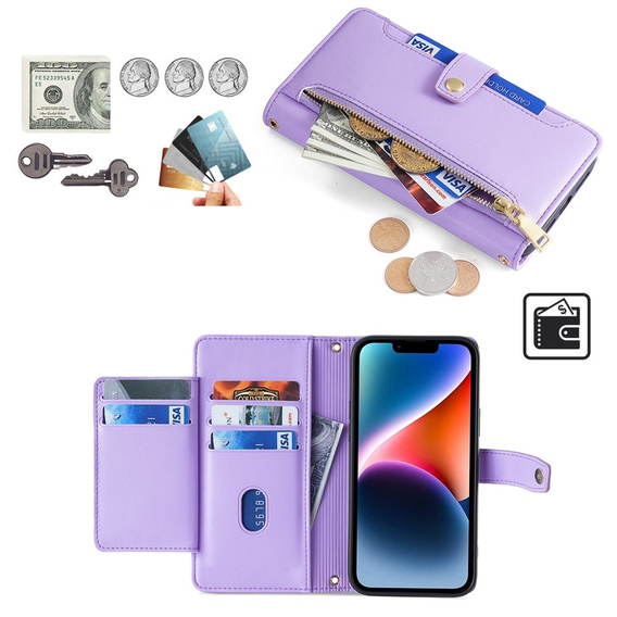 Cu clapetă pentru iPhone 14, Wallet Zipper Pocket, violet