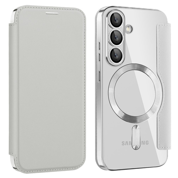 Cu clapetă pentru Samsung Galaxy S25, RFID Wallet MagSafe CamShield, de argint